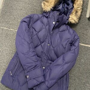 Lands' End Purple Puffer Diamond print Jacket with Faux Fur Hood. Size small